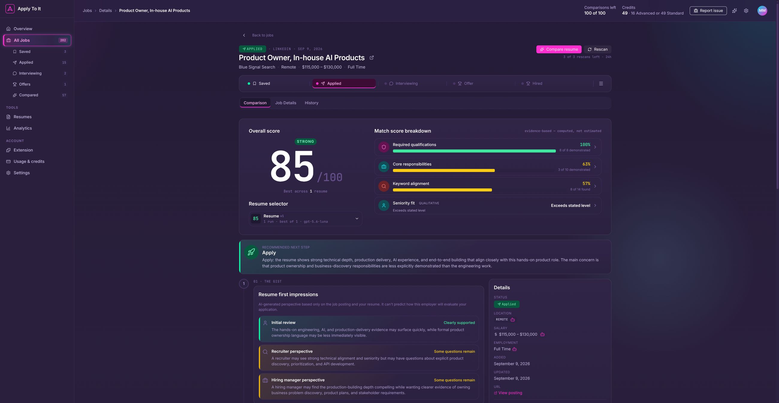 The Apply To It web app showing a saved job scored 85 out of 100 against a resume, with the match broken down by qualifications, responsibilities and keywords.